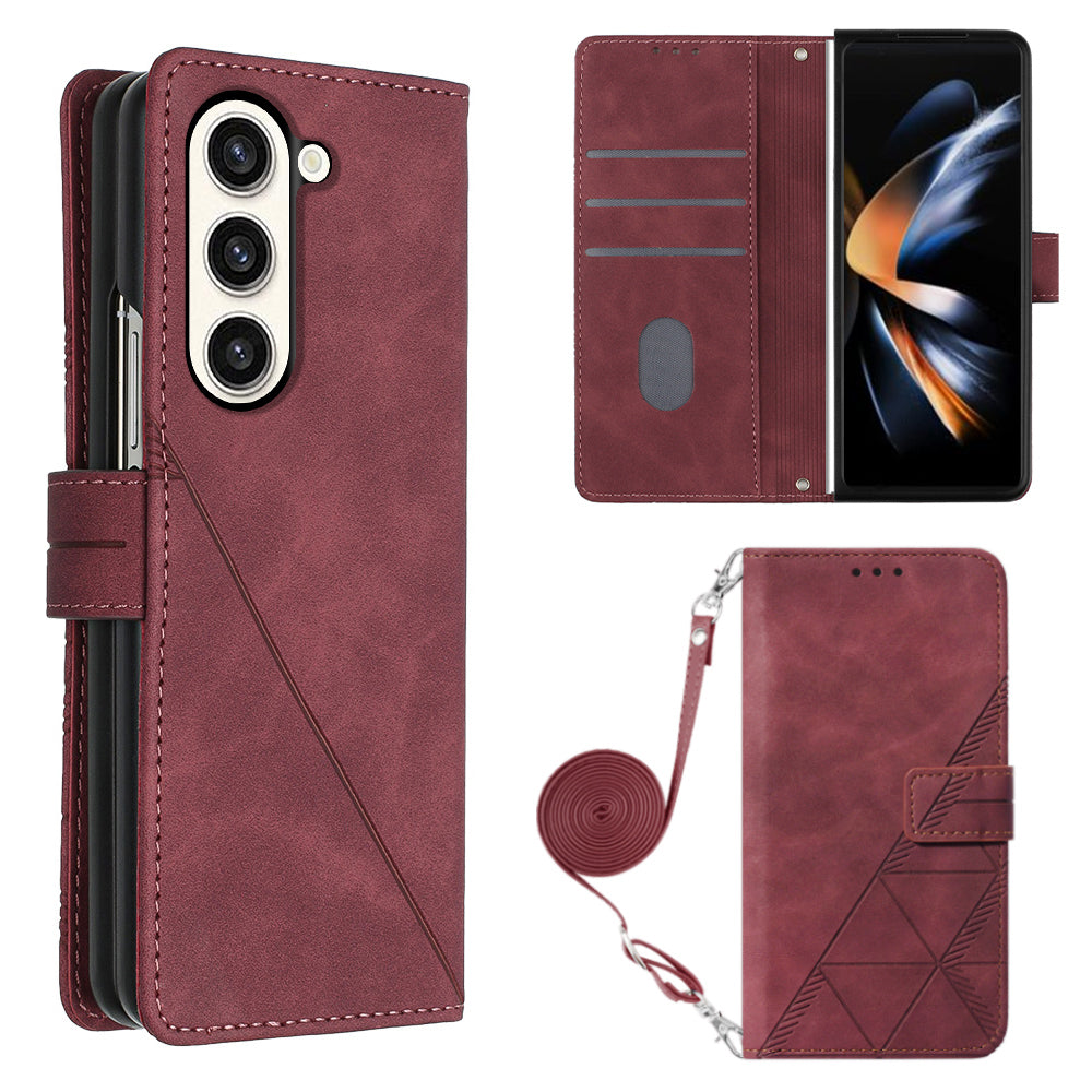 YB Imprinting Series-2 for Samsung Galaxy Z Fold5 5G Phone Stand Cover Imprinting Lines Leather Wallet Case with Shoulder Strap YB Imprinting Series-2 for Samsung Galaxy Z Fold5 5G Phone Stand Cover Imprinting Lines Leather Wallet Case with Shoulder Strap
